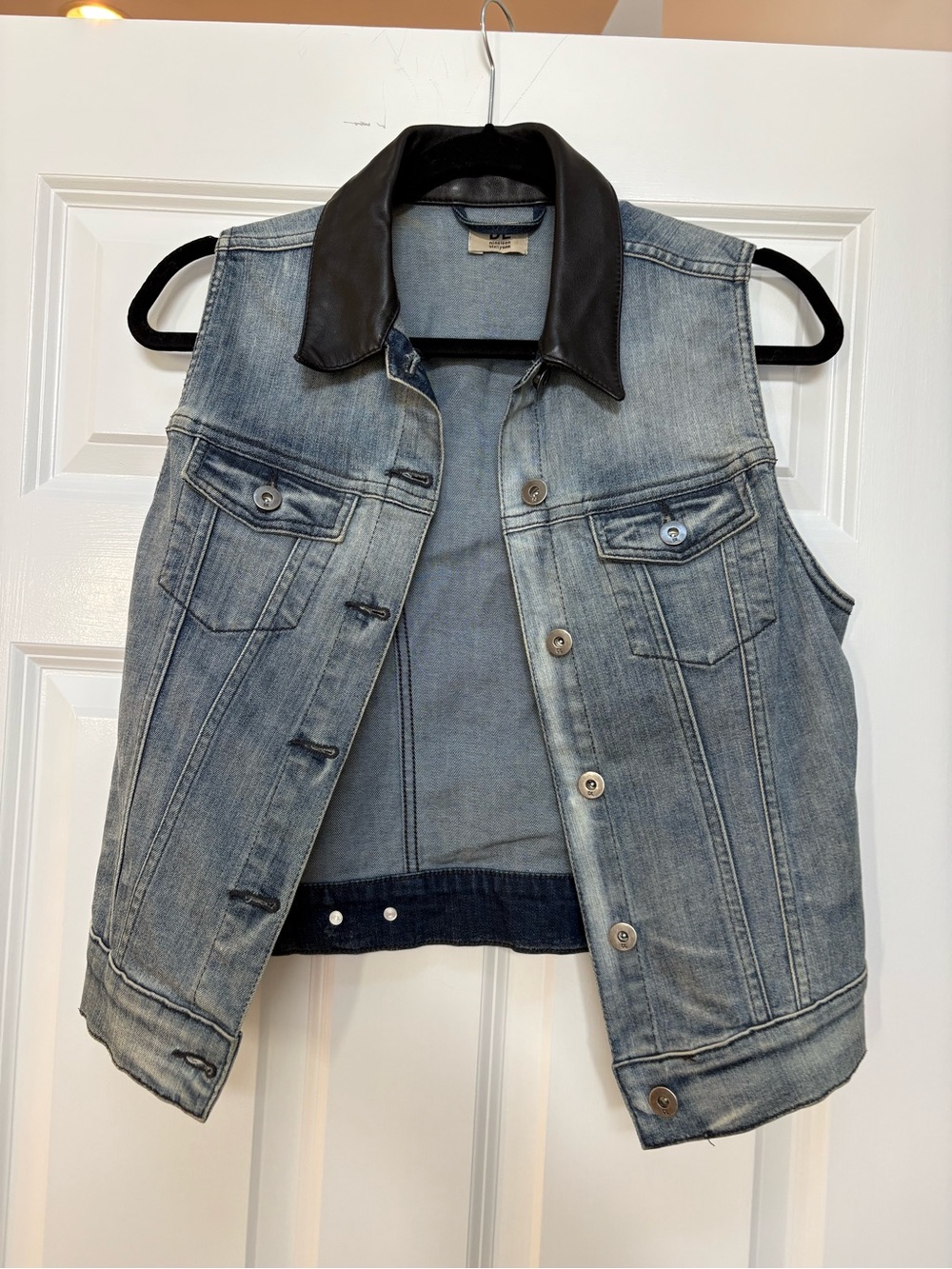 Light Wash Denim Vest with Black Leather Collar